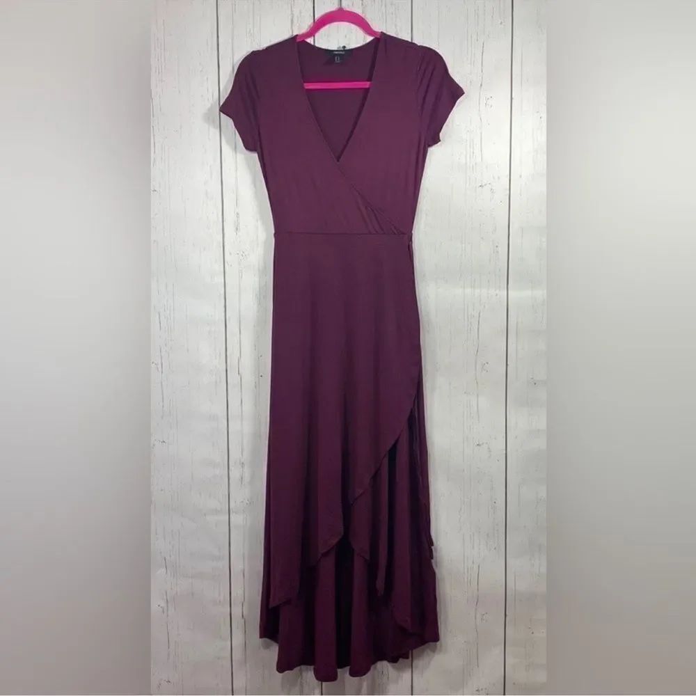 Forever 21 Burgundy Wrap Midi Dress Size M Short Sleeve Boho Romantic Flowy - Picture 5 of 14